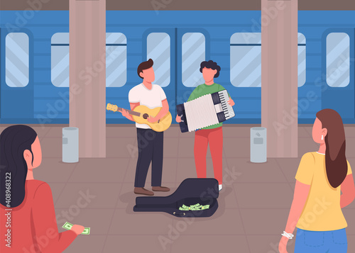 Underground music playing flat color vector illustration. Earning money with your favourite hobby. Songs near train. Street musicians 2D cartoon characters with transport on background