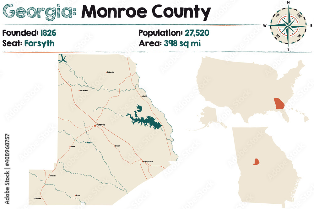 Obraz premium Large and detailed map of Monroe county in Georgia, USA.