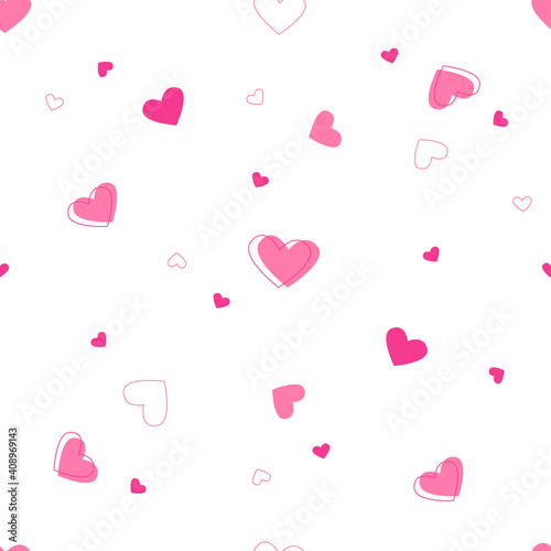 Beautiful pattern of pink hearts of different sizes on a white background. Pattern for Valentine's Day. Modern vector flat illustration