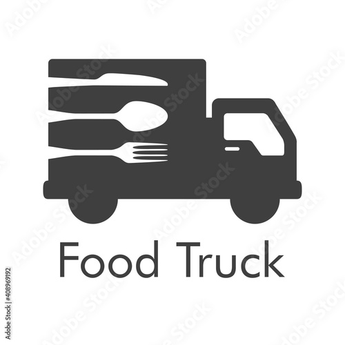 Logotipo con texto Food Truck con camión con cubiertos en color gris