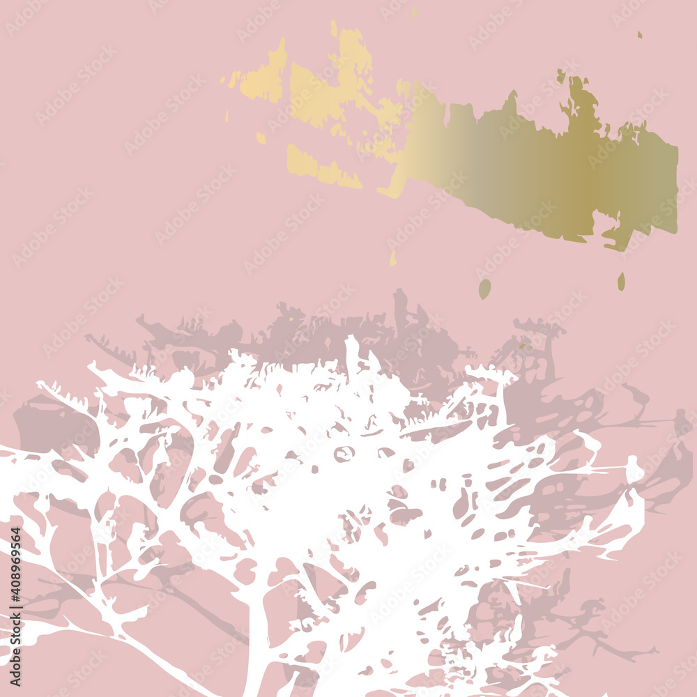 Fototapeta Abstract botanical background with realistic plants, paint strokes and golden texture. Isolated shapes under clipping mask for easy editing. Pastel colored creative vector template