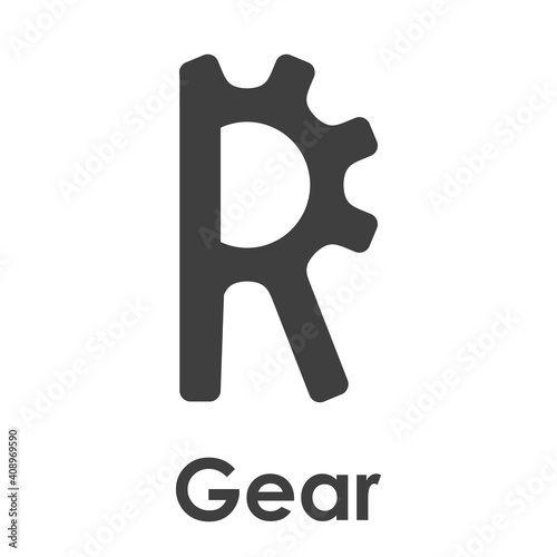 Logotipo con texto Gear y silueta de rueda dentada con forma de letra R en color gris