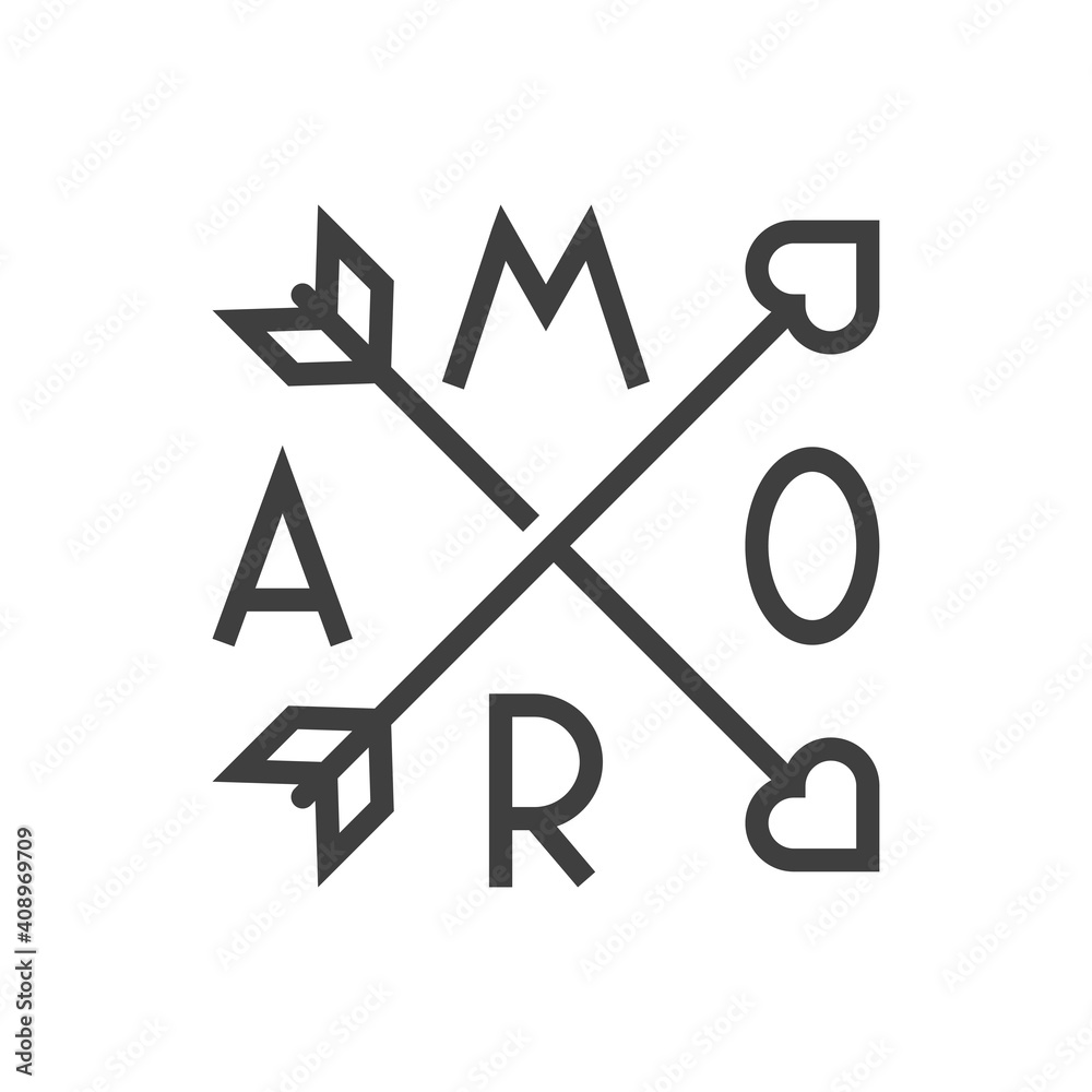 Día de San Valentín. Logotipo con palabra Amor en español alrededor de 2 flechas con corazón en cruz con lineas en color gris Día de San Valentín. Logotipo con palabra Amor en español alrededor de 2 flechas con corazón en cruz con lineas en color gris