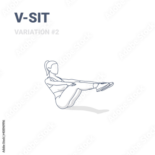 V-Sit Female Home Workout Exercise Guide Outline Concept or Navasana Boat Yoga Pose Illustration