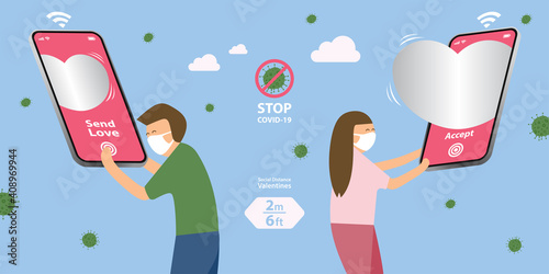Valentines Day in COVID-19 period which people should keep social distancing to stop pandemic, boy virtually sending girl a heart, smartphone with love delivery system, smart technology concept.