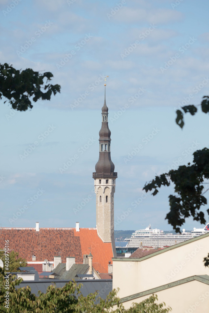 Obraz premium View of the famous Saint Nicholas church (Niguliste) with red roofs and castle in medieval walled old town of Tallinn Estonia in the Baltics region of Northern Europe