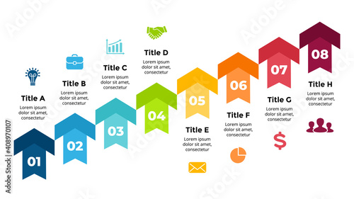 Arrows Vector Infographic. Presentation slide template. Chart diagram. 8 steps stairs.