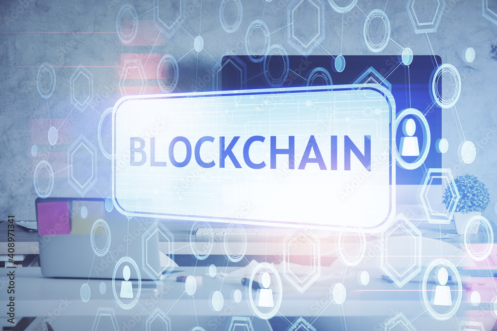 Double exposure of crypto technology theme drawing and office interior background. Concept of blockchain. Double exposure of crypto technology theme drawing and office interior background. Concept of blockchain.