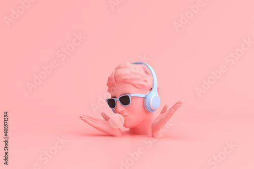 Minimal scene of sunglasses and headphone on human head sculpture, Music concept, 3d rendering. photo