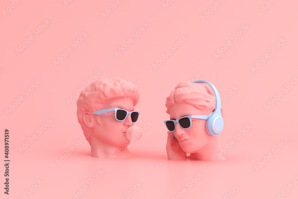 Naklejka Minimal scene of sunglasses and headphone on human head sculpture, Music concept, 3d rendering.