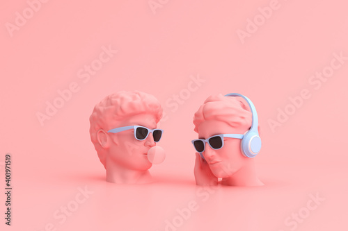 Fototapeta Minimal scene of sunglasses and headphone on human head sculpture, Music concept, 3d rendering.