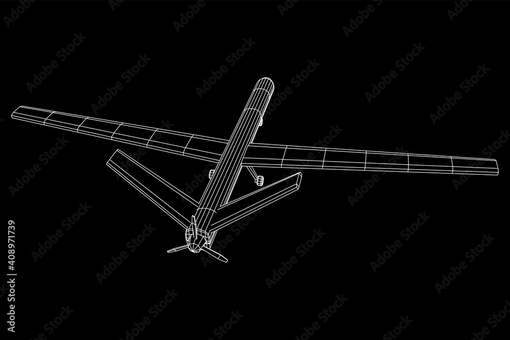 Military drone combat unmanned aerial vehicle. Recon aircraft plane. Wireframe low poly mesh vector illustration. Military drone combat unmanned aerial vehicle. Recon aircraft plane. Wireframe low poly mesh vector illustration.