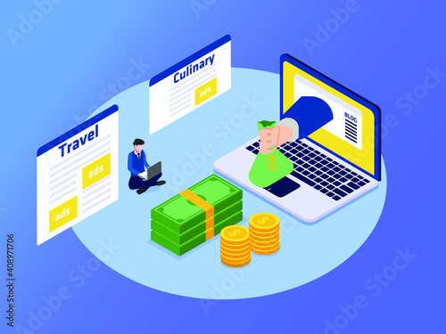 Bloger making money online from ads 3D isometric vector concept for banner, website, illustration, landing page, flyer, etc