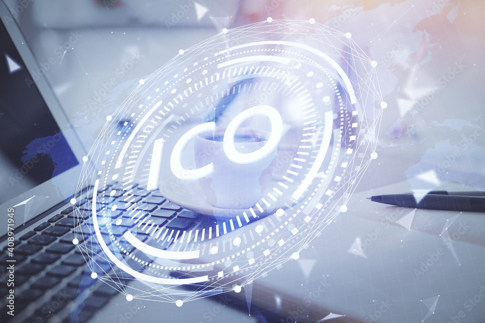 Double exposure of crypto technology drawing and desktop with coffee and items on table background. Concept of blockchain Double exposure of crypto technology drawing and desktop with coffee and items on table background. Concept of blockchain
