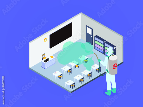 Spraying classroom with disinfectant 3D isometric vector concept for banner, website, illustration, landing page, flyer, etc