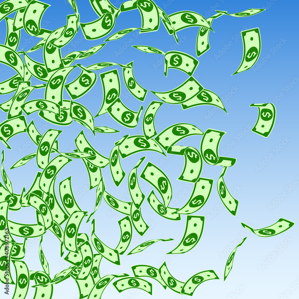 Naklejka premium American dollar notes falling. Floating USD bills