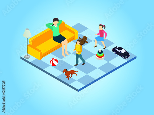 Stressed mother with active toddlers 3D isometric vector concept for banner, website, illustration, landing page, flyer, etc