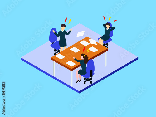Business people having an argument in a group meeting 3D isometric vector concept for banner, website, illustration, landing page, flyer, etc