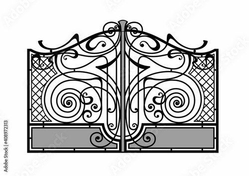 Black forged lattice gate vector image. Iron work concept.