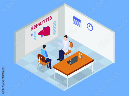 Patient having hepatitis consultation to a doctor 3D isometric vector concept for banner, website, illustration, landing page, flyer, etc