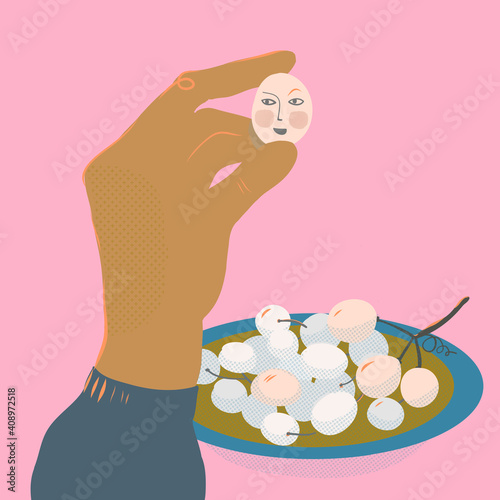 Naive style vector illustration metaphor concept of headhunter choosing a right candidate from a crowd that looks like a bunch of grapes.