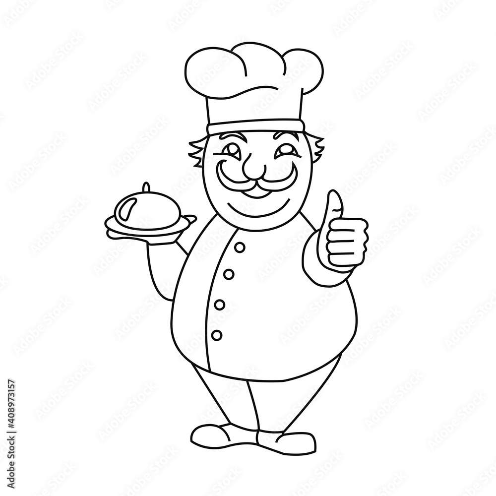 Cheerful chef with a dish. Cooking illustration for signboard menu of cafe, restaurant. Vector illustration Cheerful chef with a dish. Cooking illustration for signboard menu of cafe, restaurant. Vector illustration