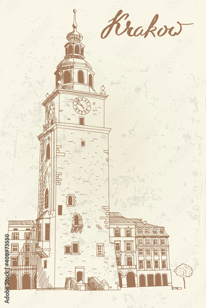 Obraz premium vector sketch of The Town Hall Tower in the Main Market Square in the Old Town district of Kraków. Poland.