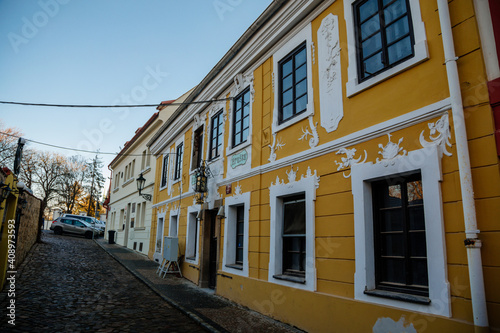 Fascinating narrow picturesque street with baroque and renaissance historical buildings in sunny day, Novy svet, New World in the vicinity of Hradcany, Prague, Czech Republic