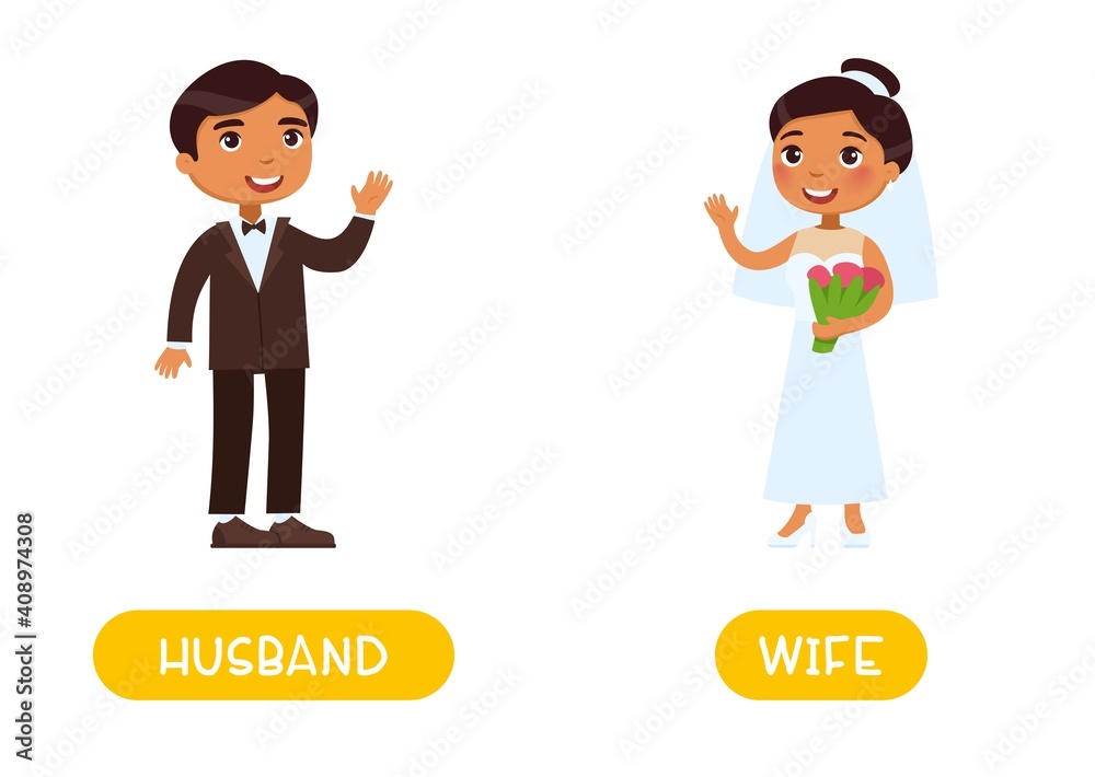 Husband and wife antonyms word card, Opposites concept. Dark skin