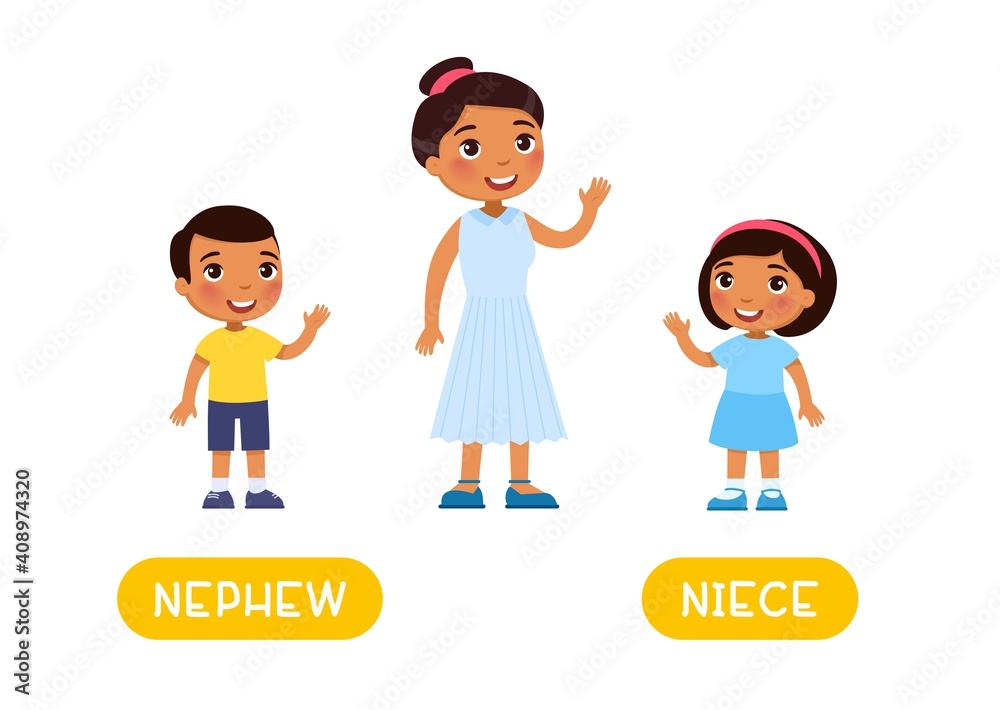 NEPHEW and NIECE antonyms word card, Opposites concept. Flashcard for