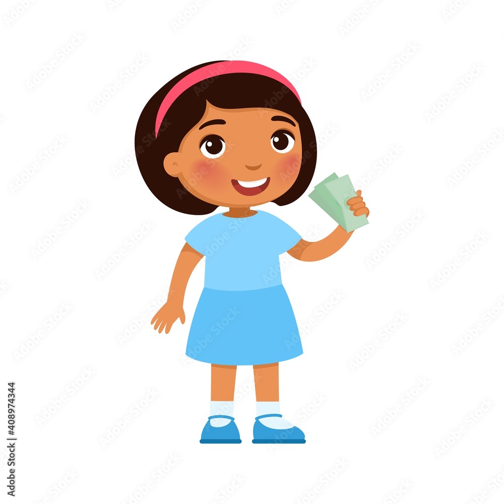 Little dark skin girl with money in hand. Rich happy child holding banknotes cartoon character. Earnings savings, profit, income. Wealthy kid with cash isolated on white Little dark skin girl with money in hand. Rich happy child holding banknotes cartoon character. Earnings savings, profit, income. Wealthy kid with cash isolated on white