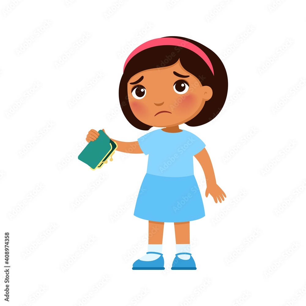 Little dark skin girl with empty wallet in hand. Upset poor child cartoon character. Poverty, unemployed person in need. Frustrated little kid, isolated design element on white. Little dark skin girl with empty wallet in hand. Upset poor child cartoon character. Poverty, unemployed person in need. Frustrated little kid, isolated design element on white.