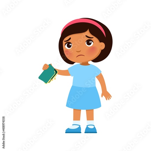 Little dark skin girl with empty wallet in hand. Upset poor child cartoon character. Poverty, unemployed person in need. Frustrated little  kid, isolated design element on white.