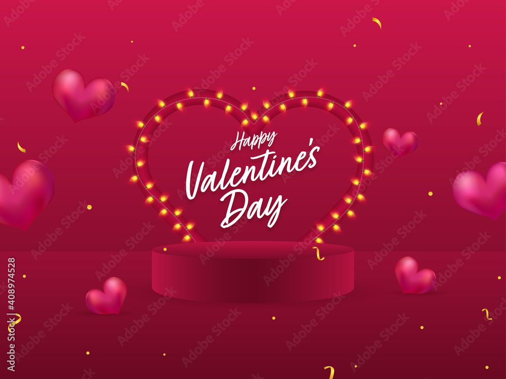 Happy Valentine's Day Font With Heart Shape Lighting Garland And 3D Podium On Dark Pink Background.