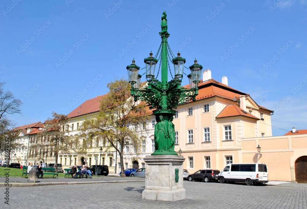 Obraz premium Old architecture house historical landmark Prague Czech republic city Europe antique street lamp blue sky windows background