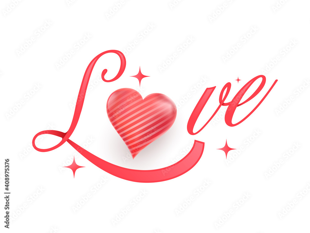 Red Love Calligraphy With Glossy Heart On White Background.