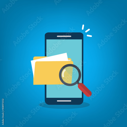 Scan or inspection of file folder documents on mobile phone. Smartphone archive review. Online analyzing check of law legal docs, find or search on cellphone.