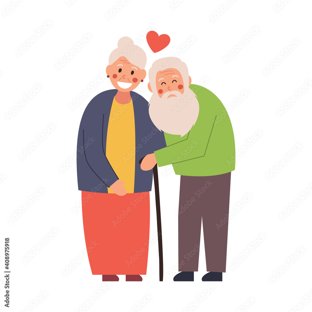 Elderly couple hugging tenderly, vector illustration on white isolated background Elderly couple hugging tenderly, vector illustration on white isolated background