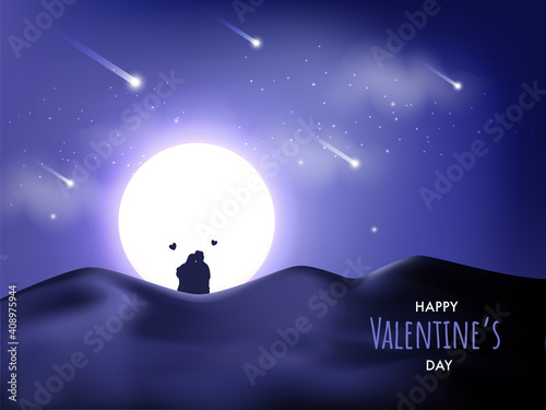 Beautiful Moonlight Desert Background With Silhouette Couple Sitting On The Occasion Of Valentine's Day.