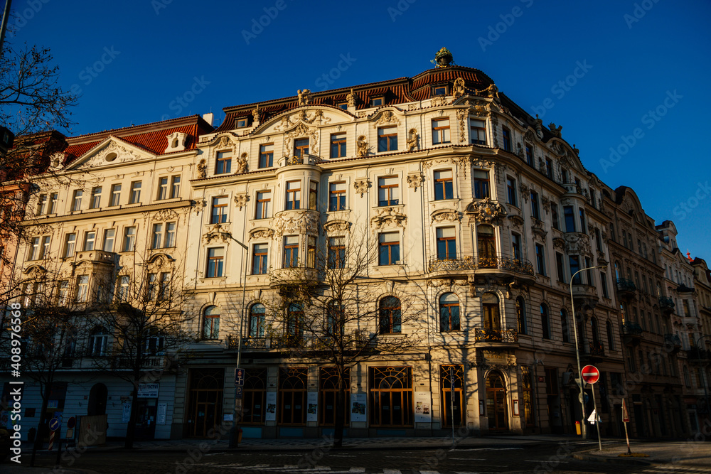 Neo-renaissance historical building with stucco at the Vinohrady Quarte, Peace Square or Nameti Miru at sunny day, Prague, Czech Republic