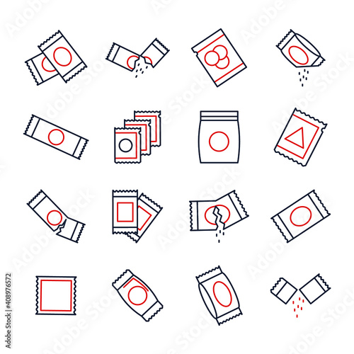 Sachet icons set. sugar powder packet icon pack. Packet soluble powder symbol Vector illustration