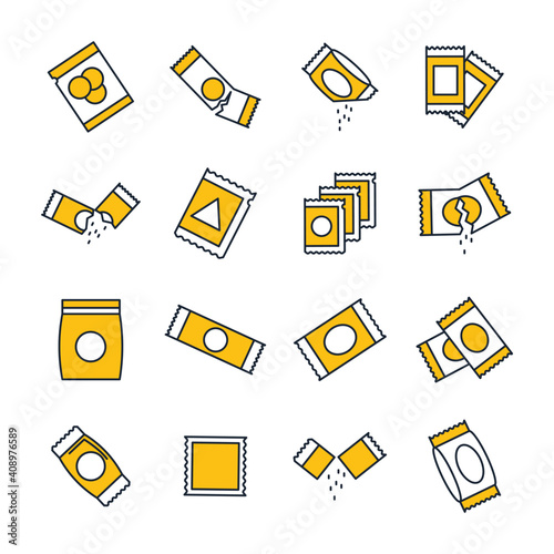 Sachet icons set. sugar powder packet icon pack. Packet soluble powder symbol Vector illustration