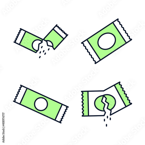 Sachet icons set. sugar powder packet icon pack. Packet soluble powder symbol Vector illustration
