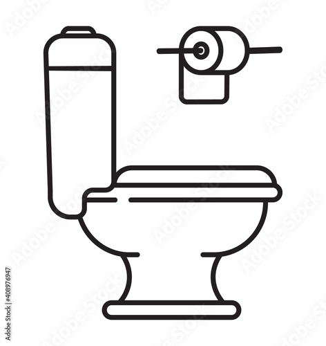 Toilet icon vector in outline style. Toilet bowl, toilet paper roll