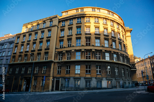 Municipal Court, historical building at the Vinohrady Quarte, sunny day, Prague, Czech Republic