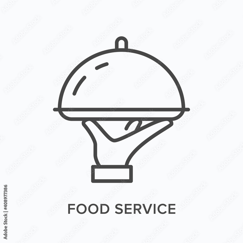 Food service flat line icon. Vector outline illustration of hand holding cloche. Black thin linear pictogram for restaurant catering Food service flat line icon. Vector outline illustration of hand holding cloche. Black thin linear pictogram for restaurant catering