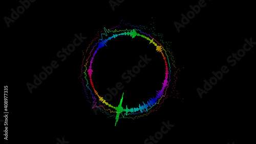 Abstract circular spinning spectral wave design on black background vibrating spectrum wave form. Audio spectrum simulation for music futuristic animation photo