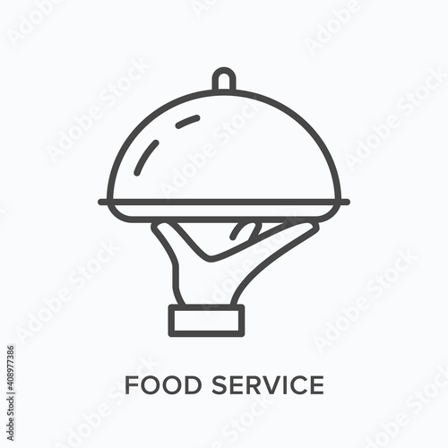 Food service flat line icon. Vector outline illustration of hand holding cloche. Black thin linear pictogram for restaurant catering