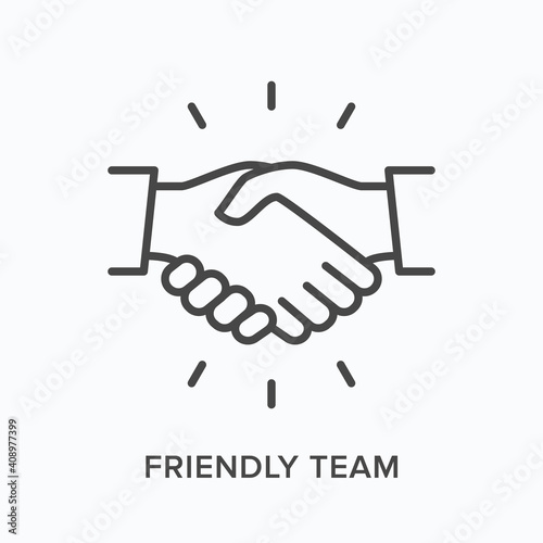 Friendly team flat line icon. Vector outline illustration of hand shake. Black thin linear pictogram for corporate partnership