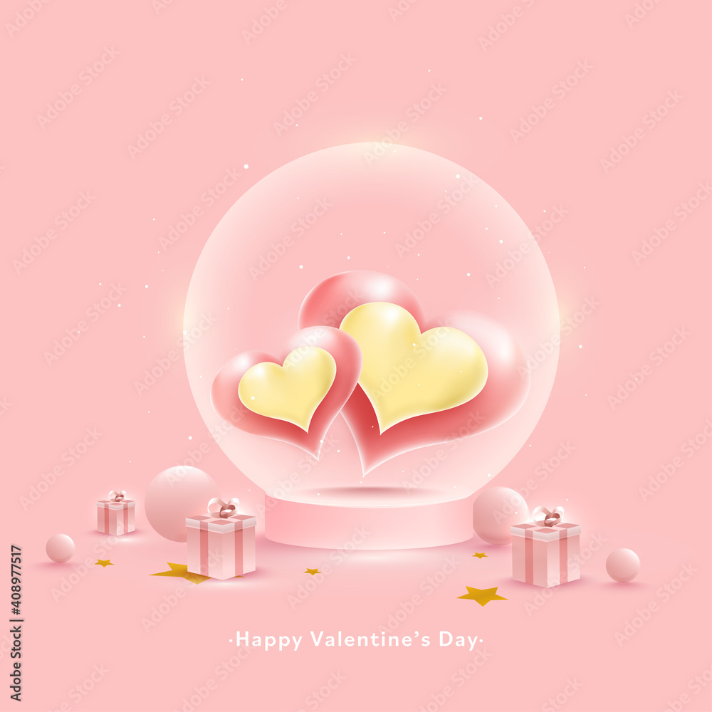 Happy Valentine's Day Concept With Glossy Heart Inside Glass Globe, 3D Balls And Gift Boxes On Pastel Pink Background.